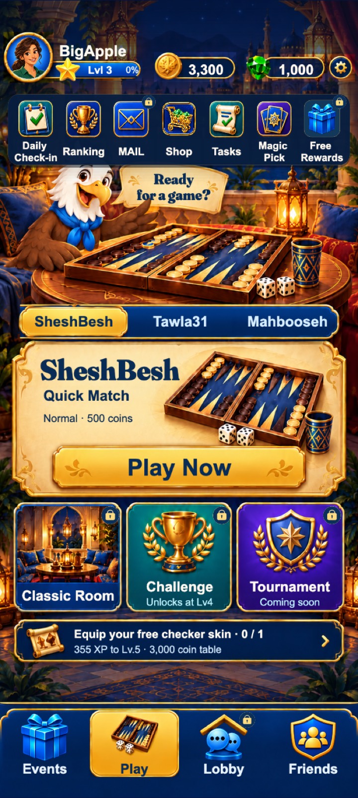 Royal Backgammon Legends lobby, with the eagle, a backgammon board, and SheshBesh, Tawla 31, and Mahbooseh.
