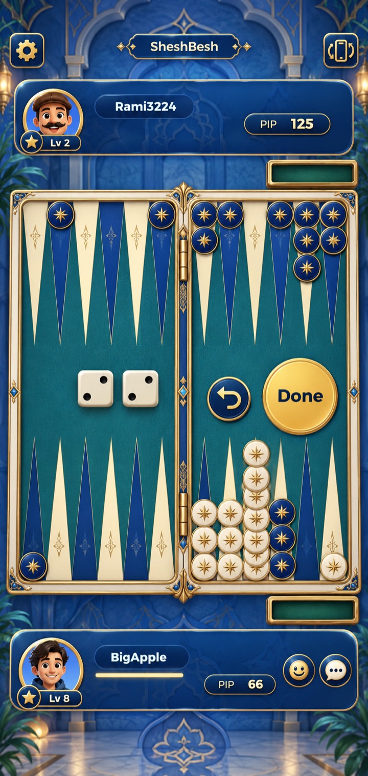 A SheshBesh match on a teal and gold board, with dice and a Done button.