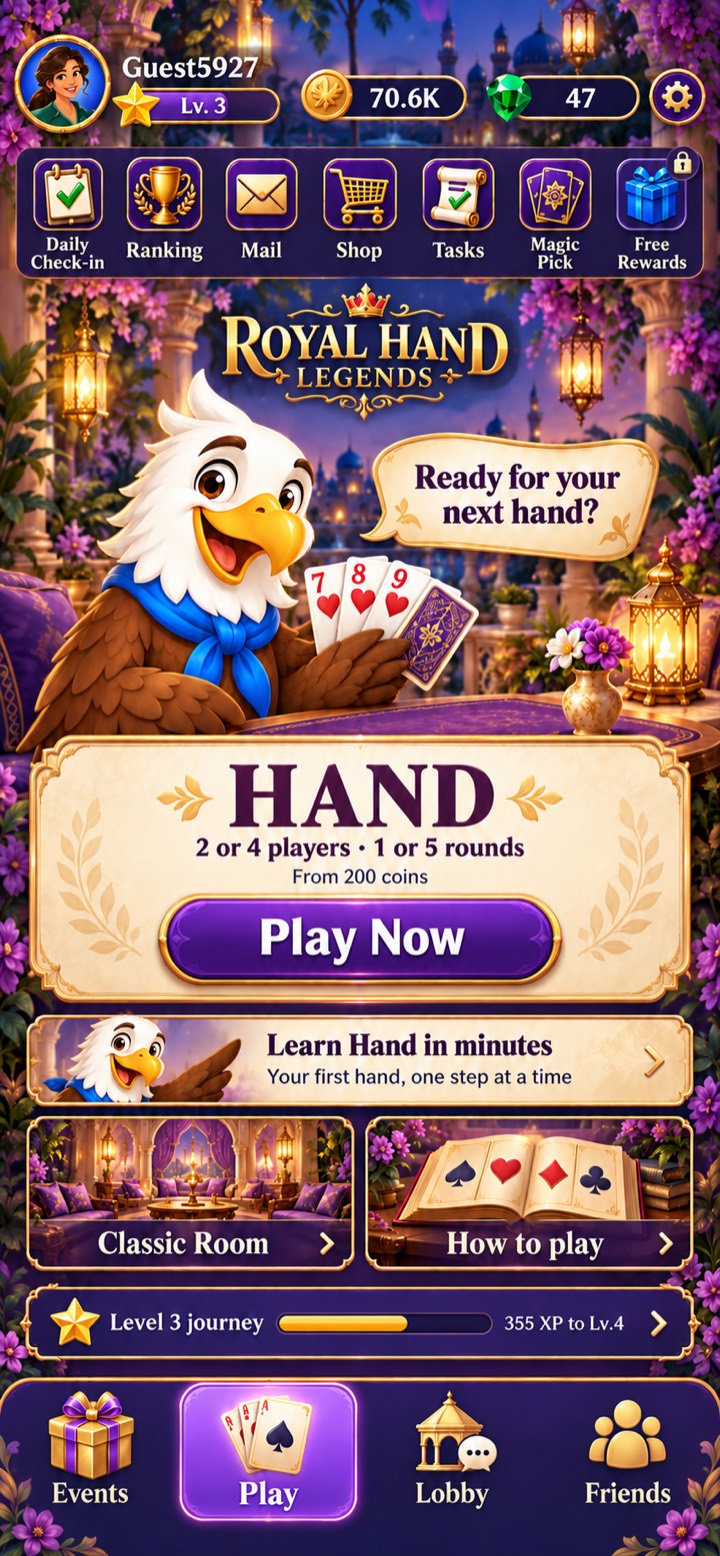 Royal Hand Legends home, with the eagle holding cards and a play button for 2 or 4 players.