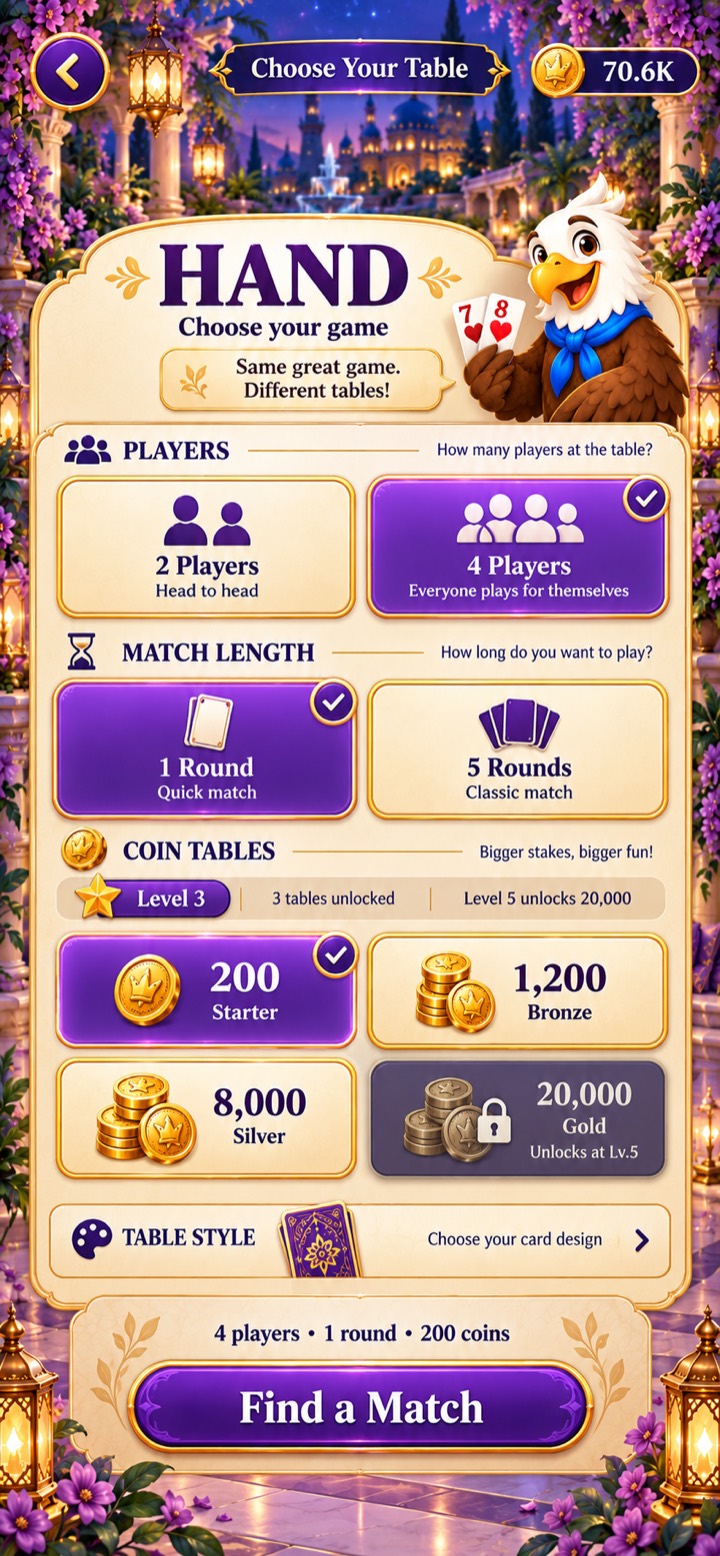 Hand table picker for 2 or 4 players, 1 or 5 rounds, and coin stakes from 200.